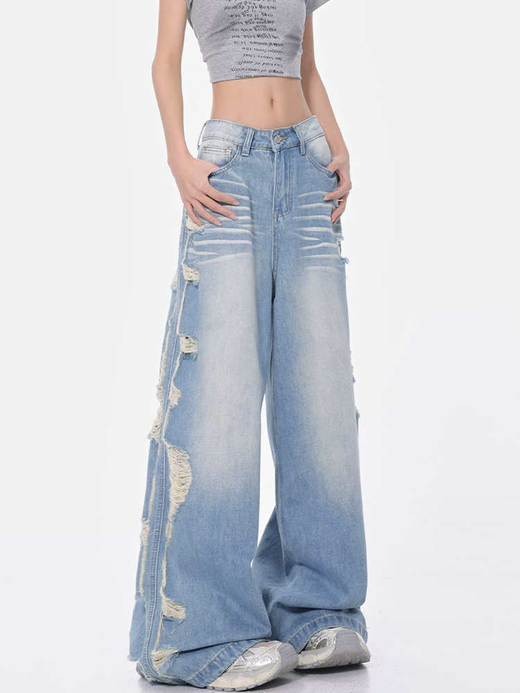 KEN STUDIO Xuân Thu Quần jean ống rộng màu xanh nhạt cổ điển mới dành cho nữ với thiết kế rách Quần ống đứng kiểu dáng đơn giản