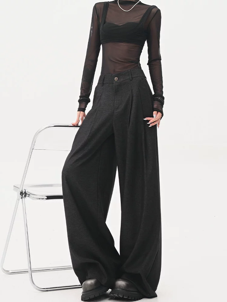 KEN STUDIO quần tây ống rộng màu đen mới mùa hè dành cho nữ, lưng quần bán co giãn, quần ống rộng dài đến sàn, quần tây.