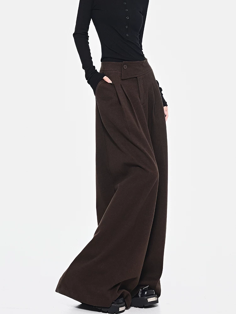 KEN STUDIO Quần len dày màu cà phê mới dành cho nữ mùa thu đông, quần ống rộng thiết kế nút chéo phong cách Melard