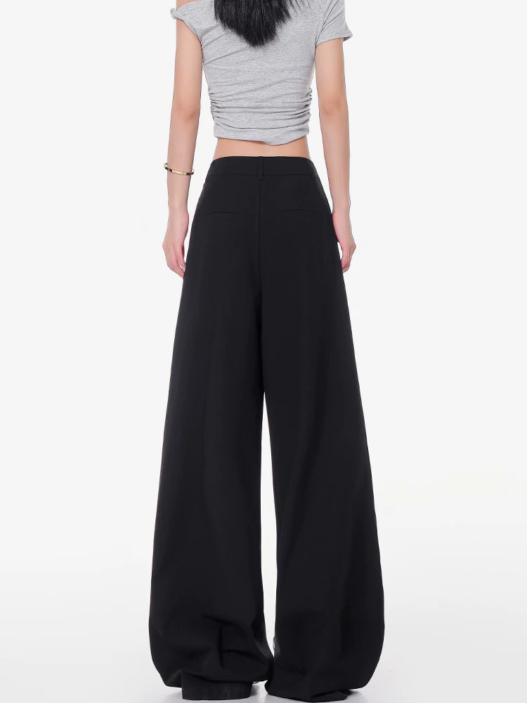 KEN STUDIO mùa hè mới quần âu màu đen giản dị dành cho nữ với thiết kế xếp ly quần âu ống rộng thẳng