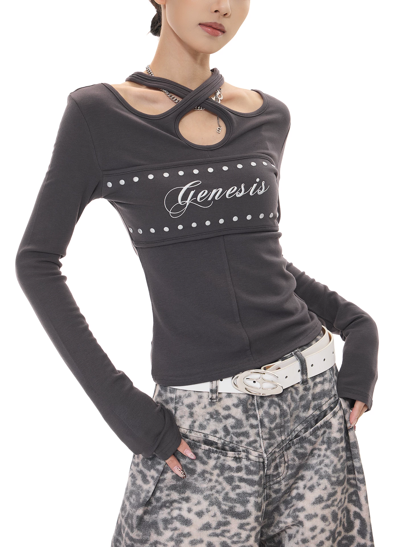 KEN STUDIO Xuân Thu Phong Cách Mới Hot Girl Gợi Cảm In Chữ Áo Thun Dài Tay Nữ Slim Fit Đế Áo Sơ Mi