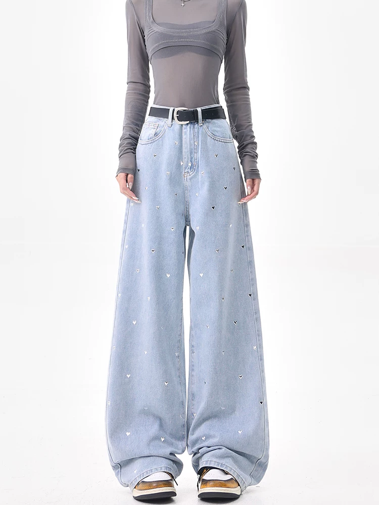 KEN STUDIO quần jean ống rộng màu xanh lam cổ điển dành cho nữ mùa hè và mùa thu quần ống rộng dáng rộng thông thường