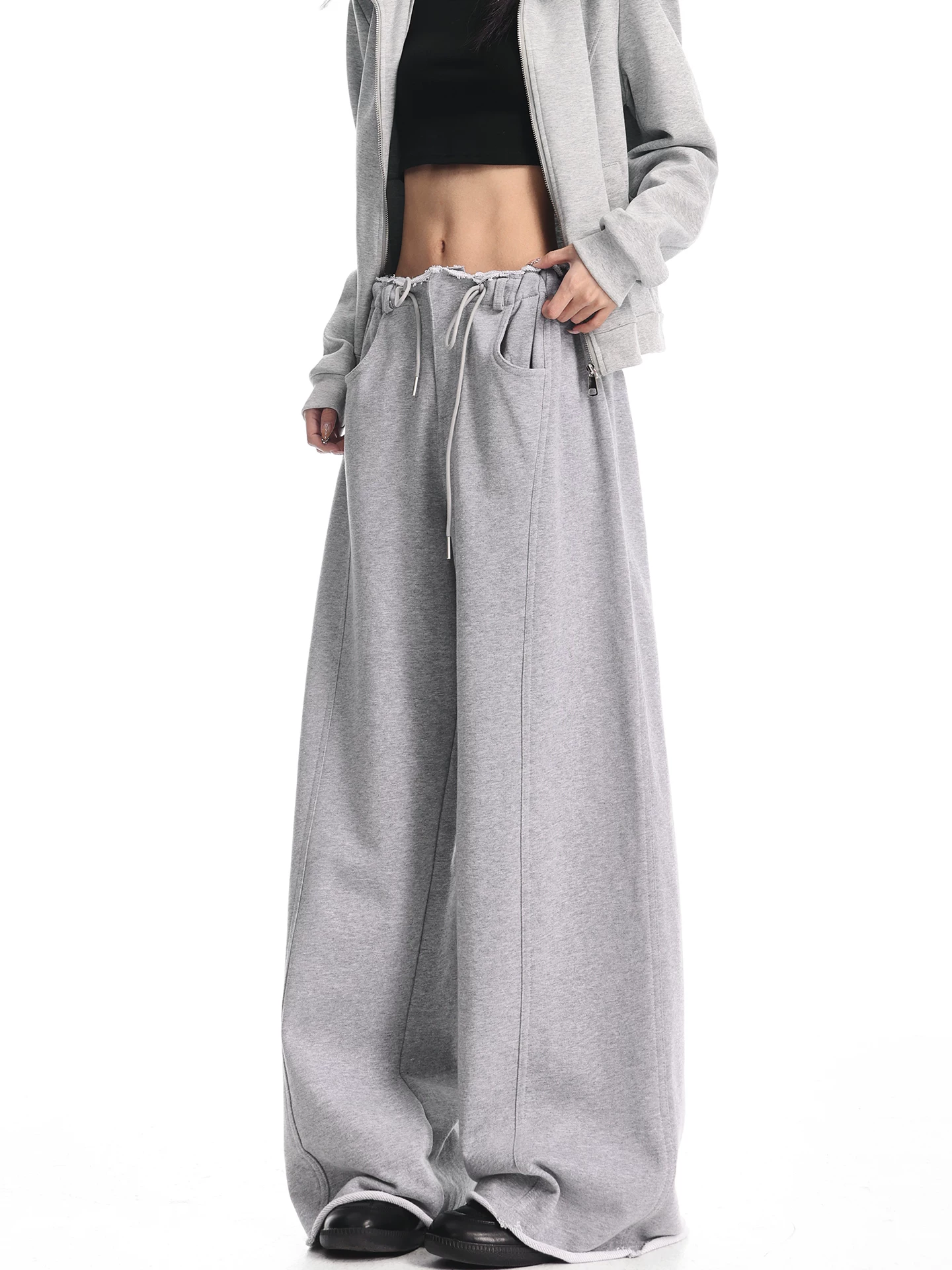 KEN STUDIO Xuân Thu Mới Màu Xám Dây Rút Quần Âu Nữ Cao Cấp Quần Ống Rộng Quần Dài Tới Chân