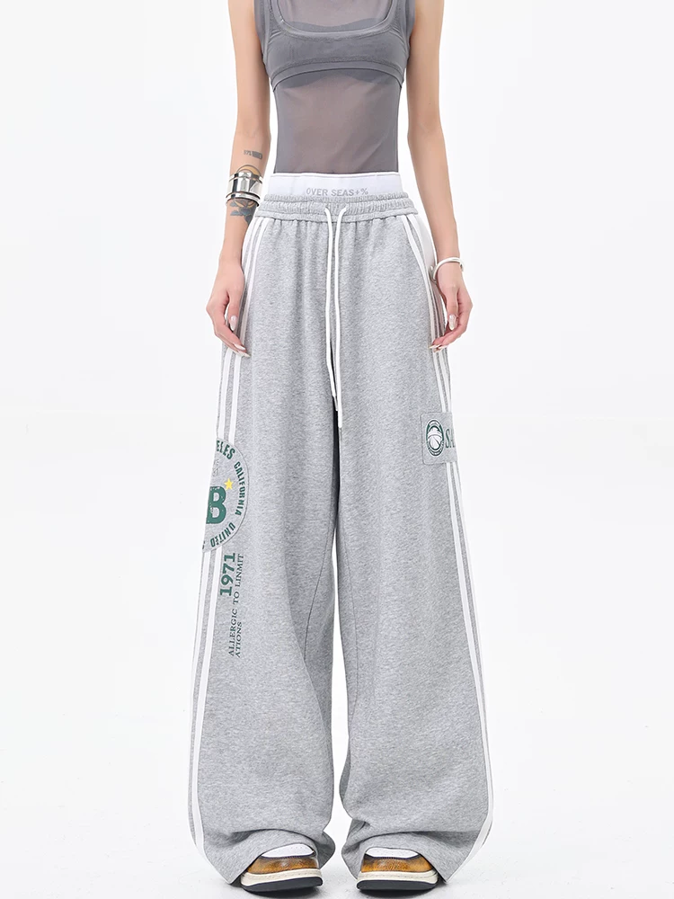 KEN STUDIO Quần thể thao in chữ phong cách retro kiểu Mỹ dành cho nữ quần thể thao ống rộng dáng rộng đa năng