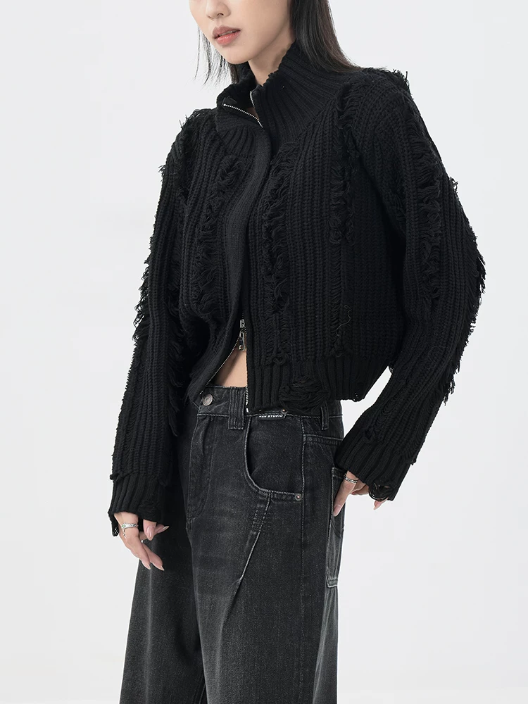 KEN STUDIO mới mùa thu đông áo len đen nữ nửa cổ cao rách áo khoác ngắn có khóa kéo áo dệt kim