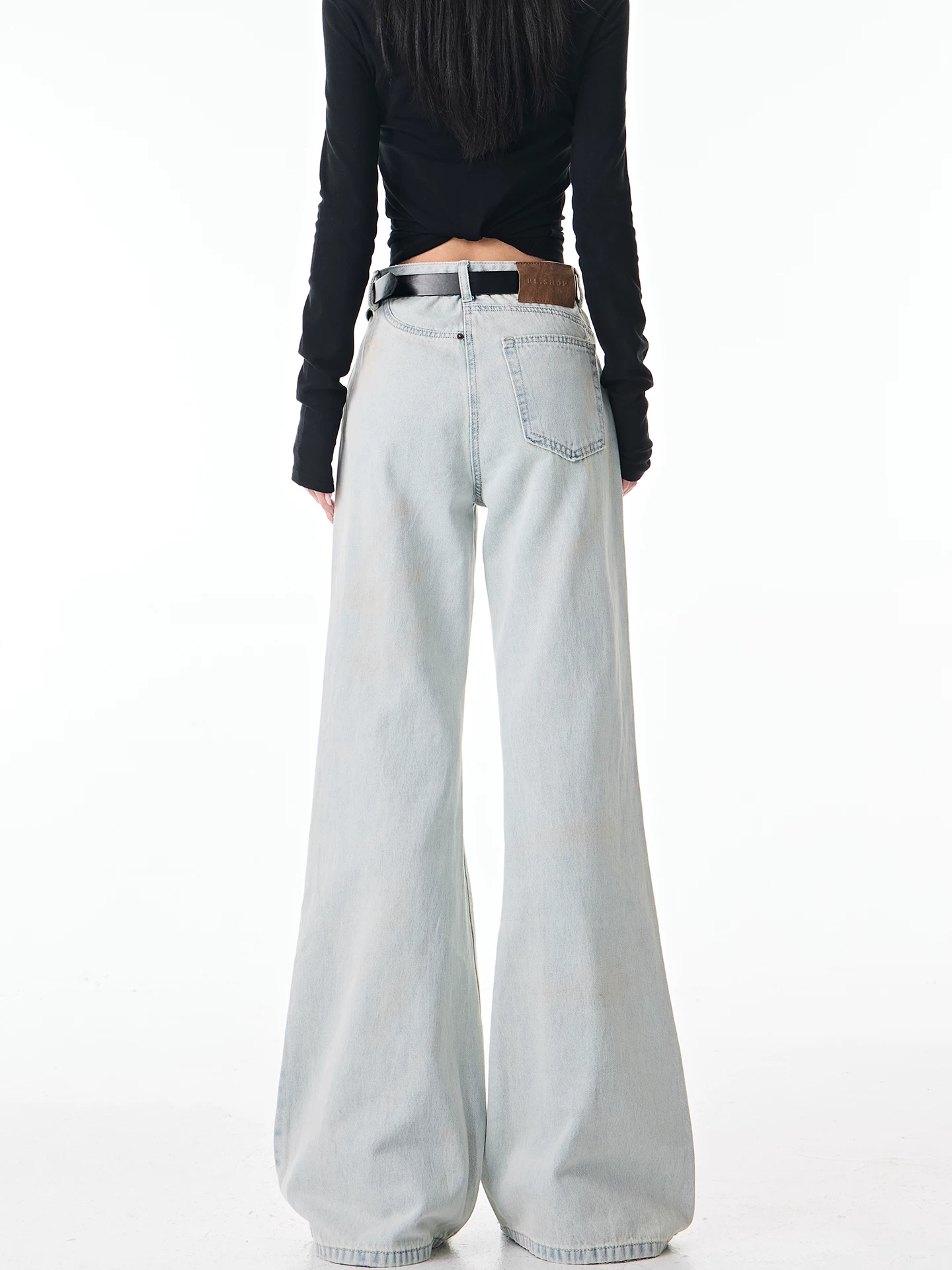 KEN STUDIO Quần jean ống loe màu xanh mùa thu mới dành cho nữ với thiết kế khóa kéo bên hông, quần ống loe dáng rộng