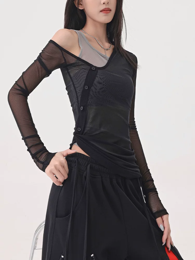 Áo thun dài tay dạng lưới giả hai mảnh màu đen của KEN STUDIO, áo che nắng vừa vặn vừa vặn