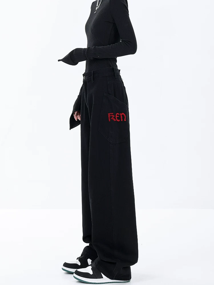 KEN STUDIO Xuân Thu Mới Màu Đen Rộng Quần Jean Ống Rộng Nữ Mỹ Retro Quần Ống Thẳng Quần Dài Quần