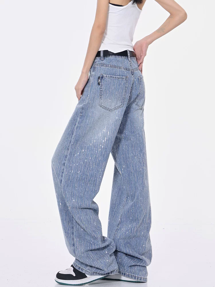 Quần denim ống đứng màu xanh lam lấp lánh đính đá thủ công mùa hè của KEN STUDIO dành cho nữ