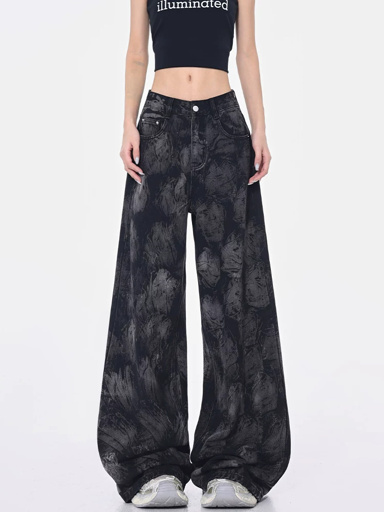 KEN STUDIO Quần jean in họa tiết đường phố cao cấp của Mỹ dành cho nữ, quần dài ống rộng cạp cao mới mùa thu giúp thon gọn dáng người