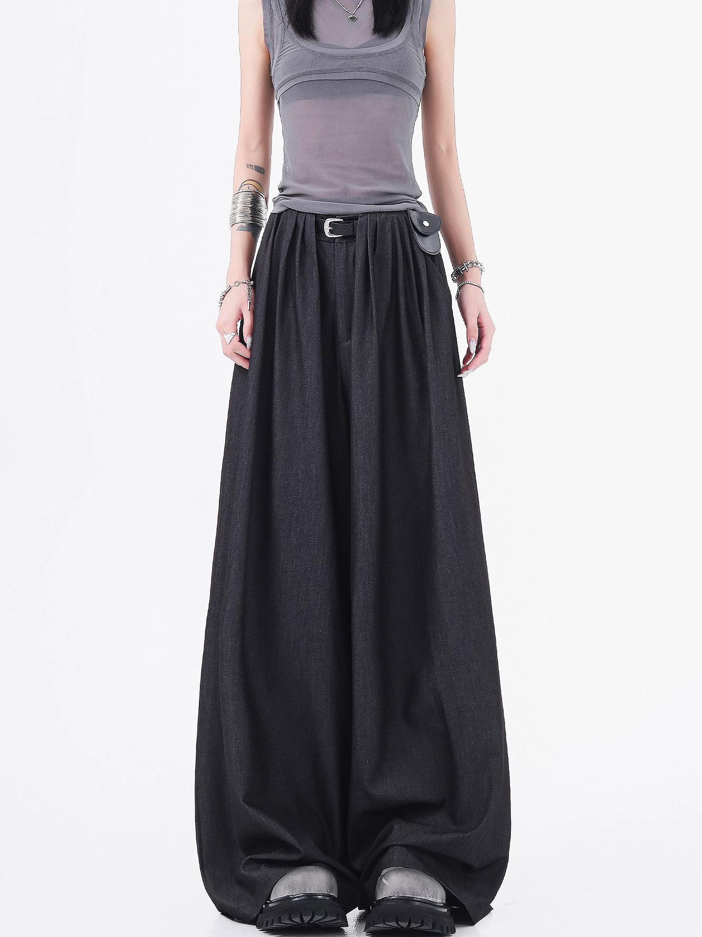 Quần tây ống rộng màu xám cao cấp của KEN STUDIO dành cho nữ, quần tây dáng rộng mỏng mới mùa hè