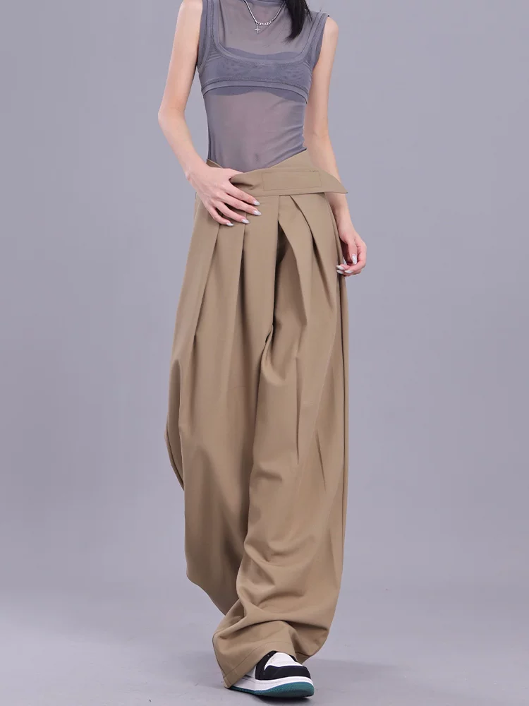 KEN STUDIO【Classic nguyên bản】Quần có khóa dán dành cho nữ, Quần ống rộng dáng suông, Quần âu