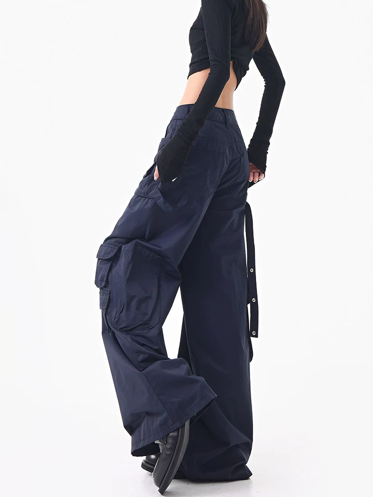 KEN STUDIO Quần cargo kẻ sọc mùa thu mới dành cho nữ, kiểu dáng rộng rãi, tôn dáng, quần ống rộng dài đến sàn