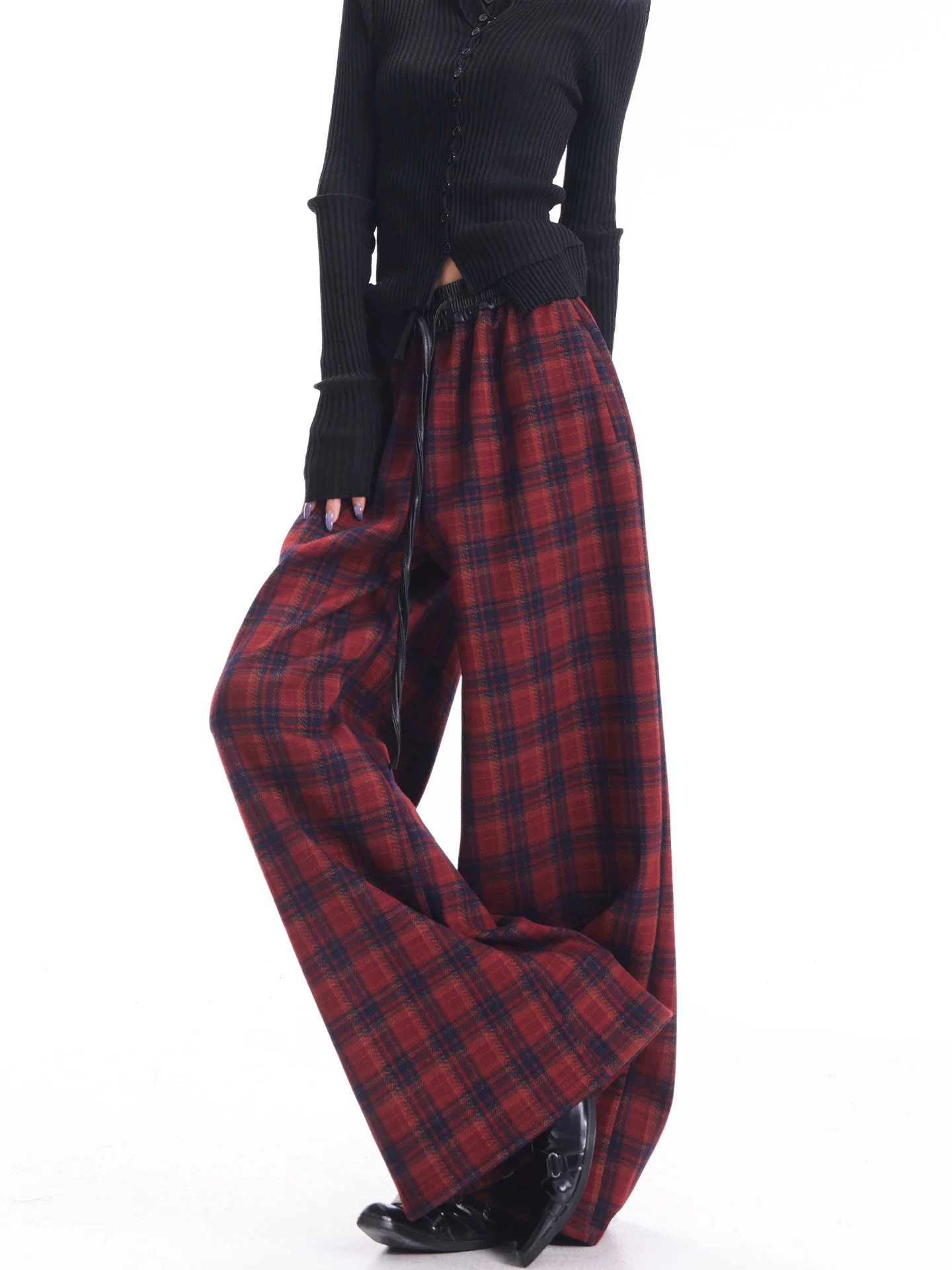 KEN STUDIO Quần kẻ sọc dày lót lông cừu màu đỏ thu đông mới dành cho nữ có eo co giãn và quần ống rộng bằng vải chắp vá