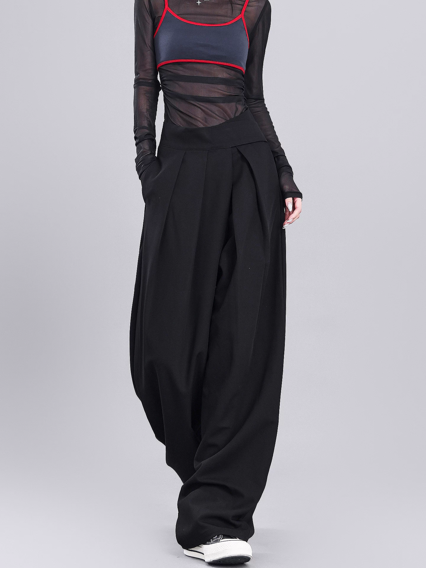 KEN STUDIO【Phong cách tối giản cổ điển】Quần vest có khóa dán dành cho nữ, Quần vest dáng rộng xếp nếp thông thường