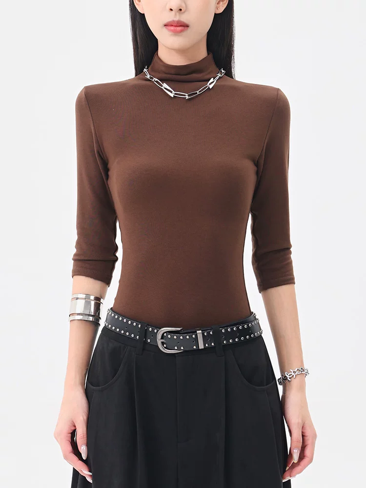 KEN STUDIO Áo thun dệt kim nửa tay cổ cao Melard dành cho nữ, áo trong mỏng vừa vặn mới đầu mùa thu