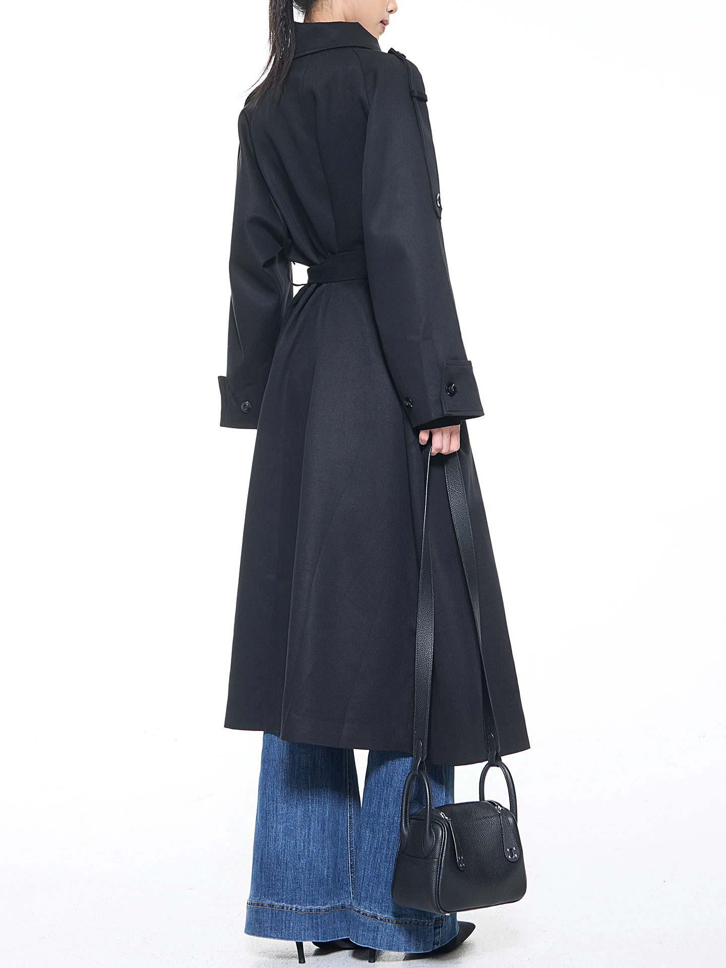 KEN STUDIO mùa thu đông mới phong cách Anh quốc áo khoác dài có ve áo màu đen dành cho nữ áo khoác dáng rộng dài vừa phải