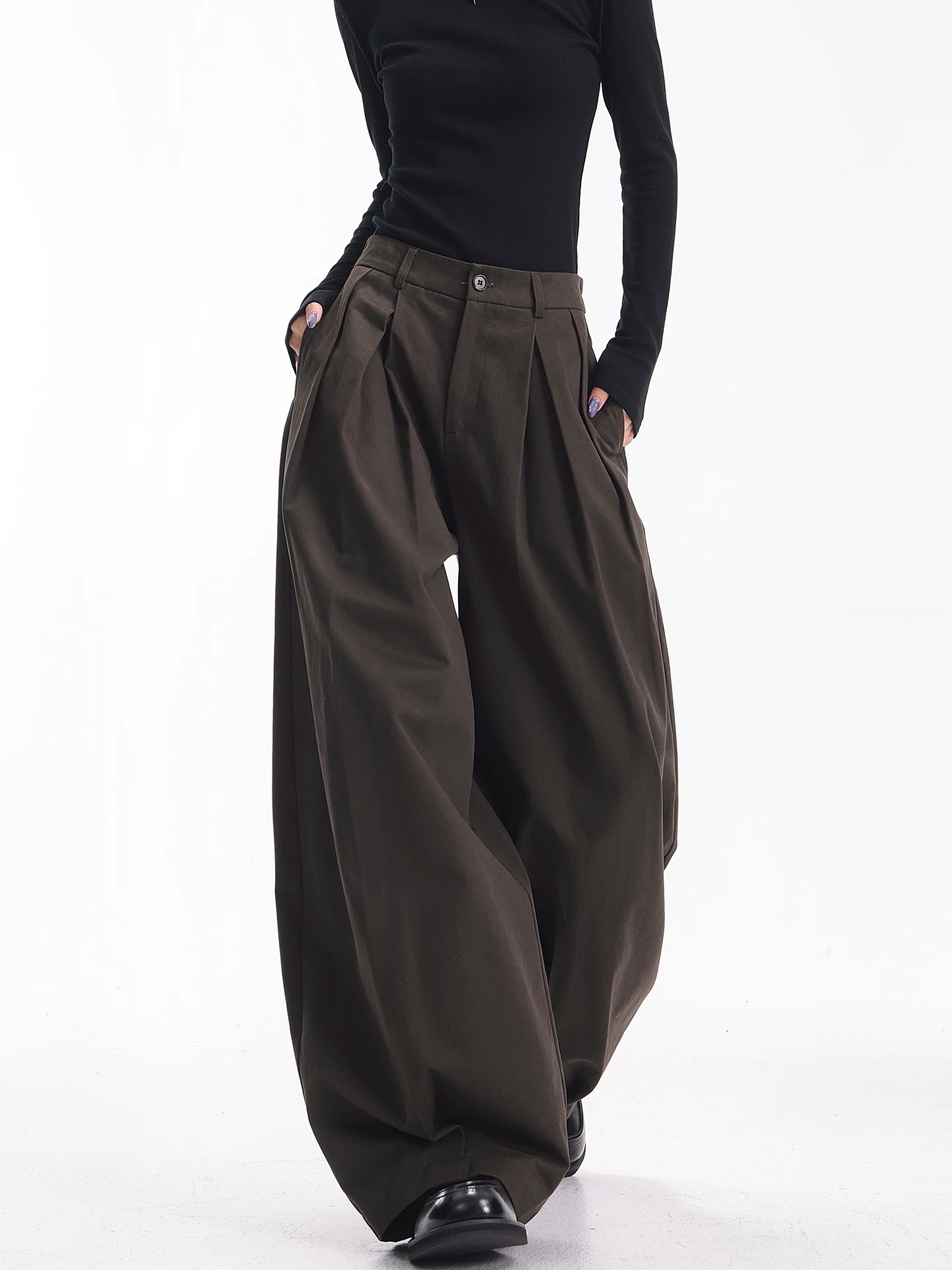 KEN STUDIO Quần tây ống rộng xếp ly màu cà phê mới thu đông dành cho nữ, quần dài dáng rộng, dáng rộng, đa năng, quần dài