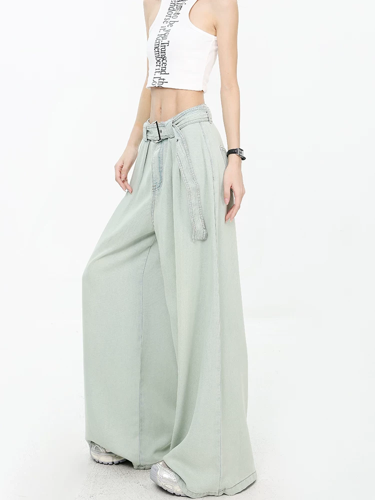 KEN STUDIO mùa hè mới thiết kế cổ điển siêu mỏng quần denim ống rộng dáng rộng dành cho nữ