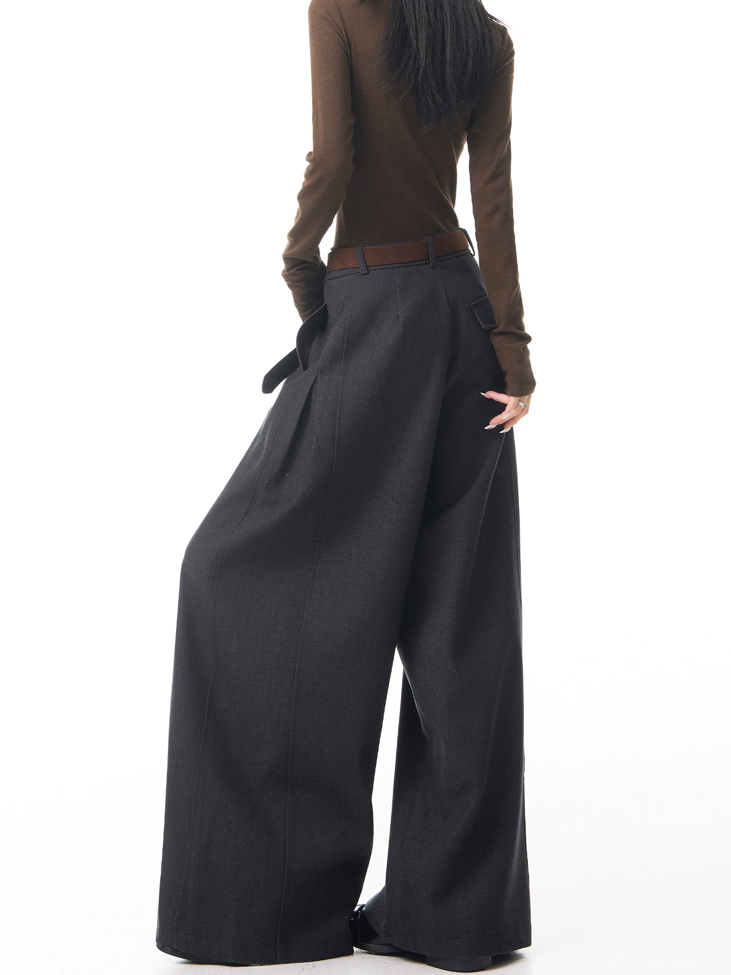 KEN STUDIO Quần tây ống rộng len màu xám thu đông mới dành cho nữ, quần cạp cao, tôn dáng, quần dài xếp nếp