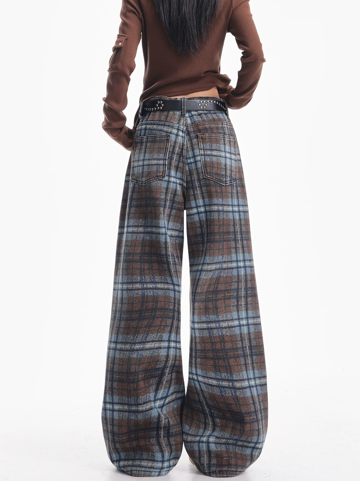 KEN STUDIO Quần jean kẻ sọc xanh mùa thu đông mới dành cho nữ, lót lông cừu, dày dặn, dáng rộng, giảm béo, quần ống rộng.