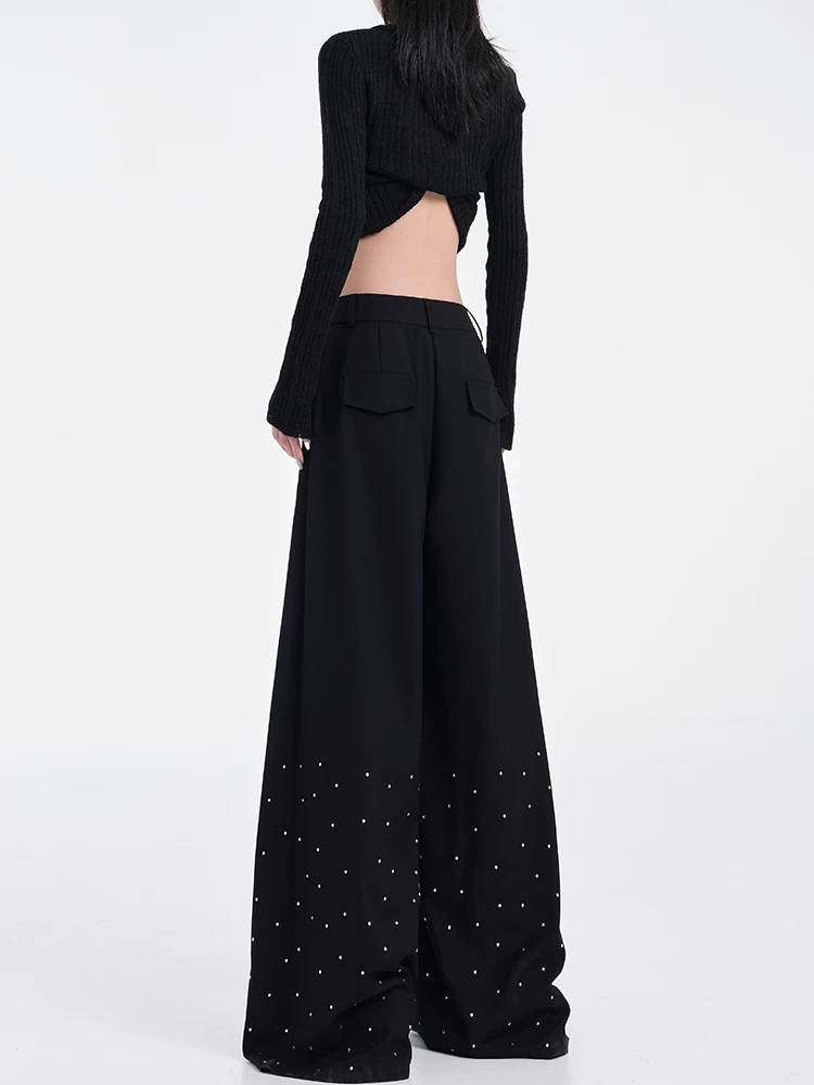 KEN STUDIO nguyên bản mùa hè và mùa thu mới thiết kế đính đá màu đen phù hợp với quần đa năng quần ống rộng dáng rộng giảm béo