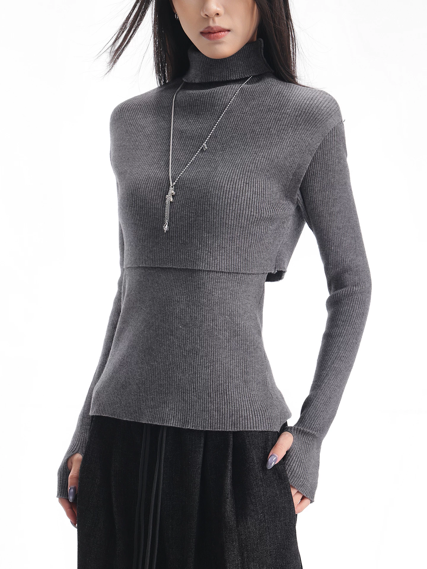 KEN STUDIO Bộ đồ hai mảnh áo len dài tay màu xám mùa thu đông mới dành cho nữ cổ cao ôm sát bên trong