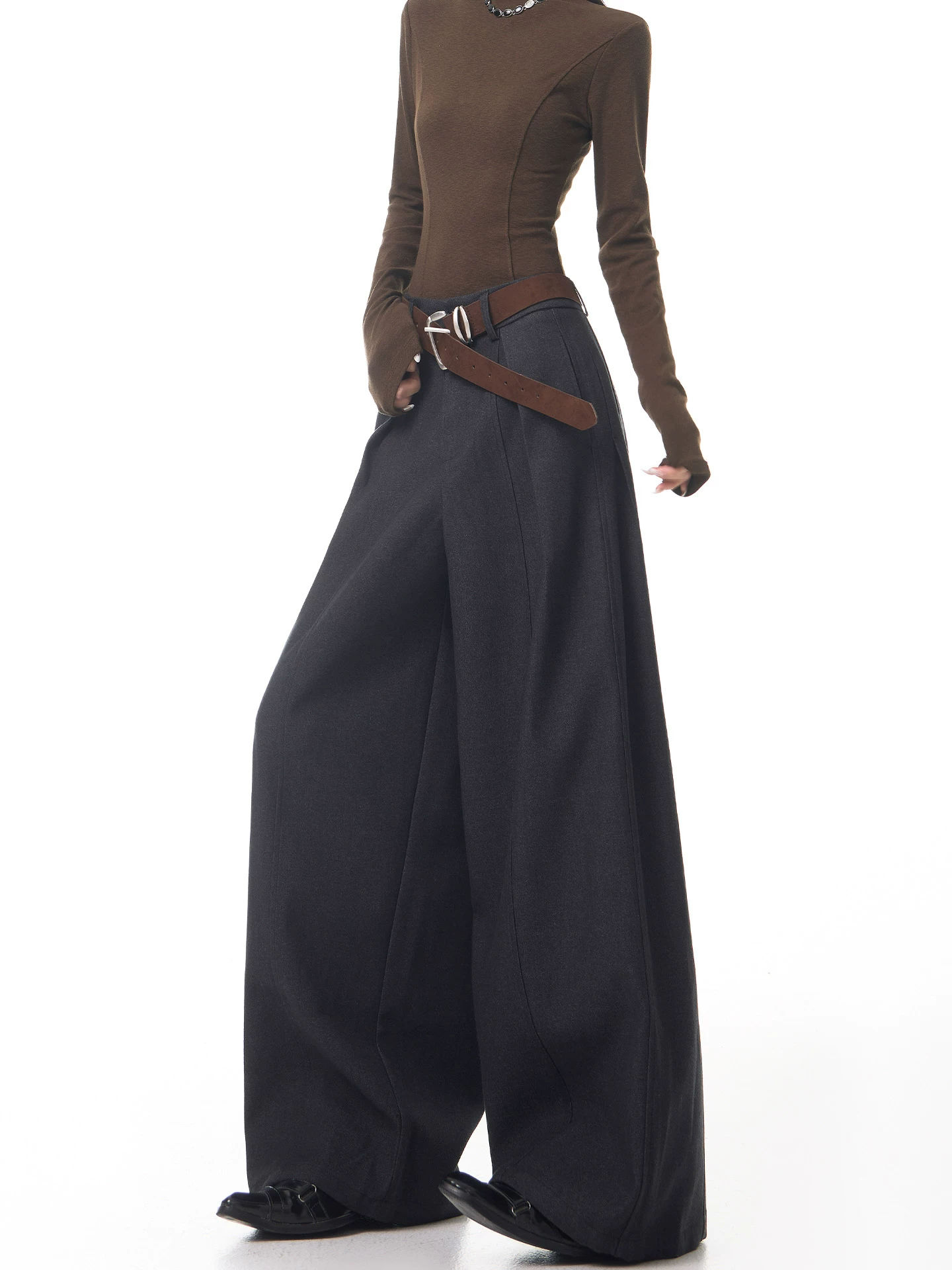 KEN STUDIO Quần tây ống rộng len màu xám thu đông mới dành cho nữ, quần cạp cao, tôn dáng, quần dài xếp nếp