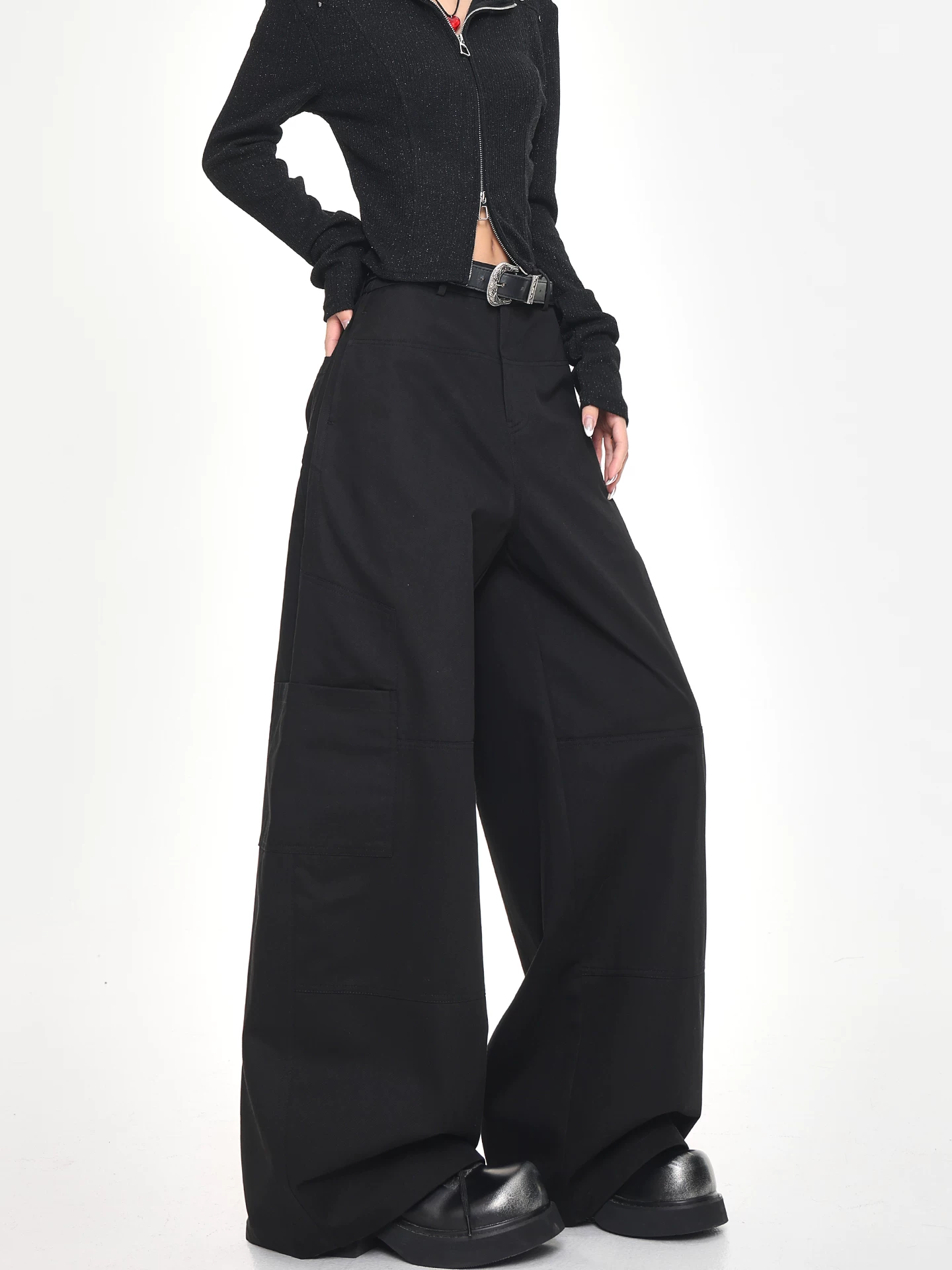 KEN STUDIO Xuân Thu Phong Cách Mới Niche Quần Âu Màu Đen Cao Cấp Quần Âu Nữ Quần Cargo Đa Năng Quần Scimitar