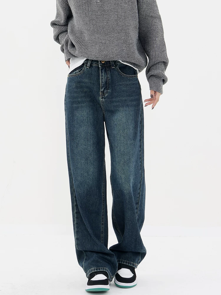 Quần jean cổ điển lót lông cừu mùa thu đông của KEN STUDIO dành cho nữ, quần ống đứng cạp cao kiểu cổ điển có màu chuyển sắc.