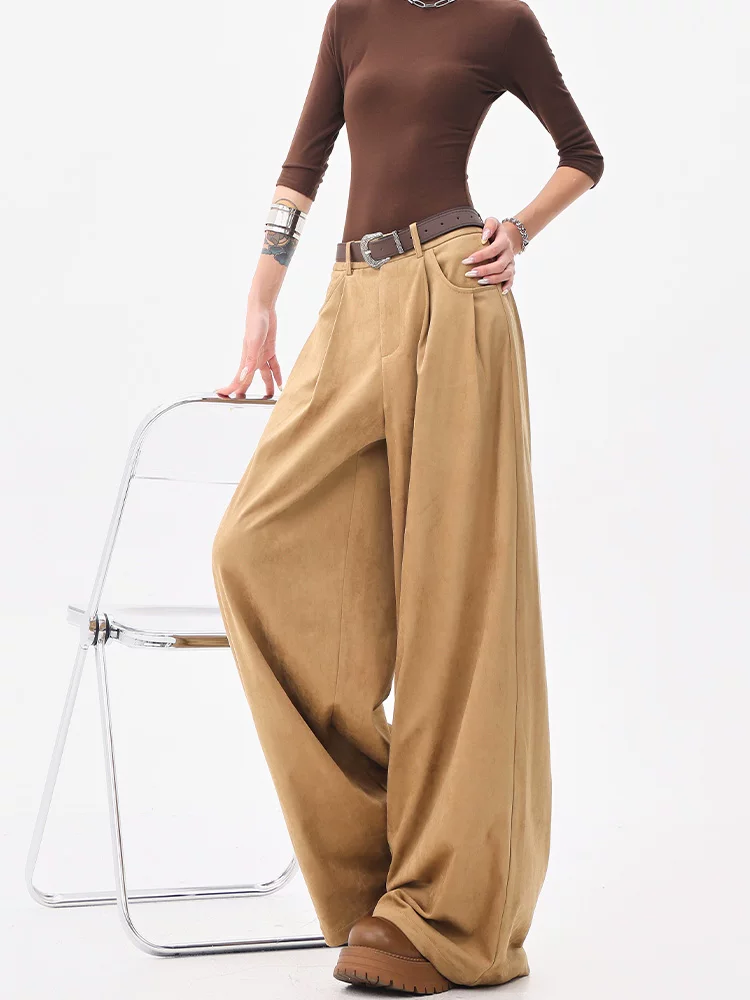 KEN STUDIO Quần tây ống rộng da lộn màu kaki mới thu đông dành cho nữ, quần cạp cao, dáng rộng, quần thường ngày giúp giảm béo