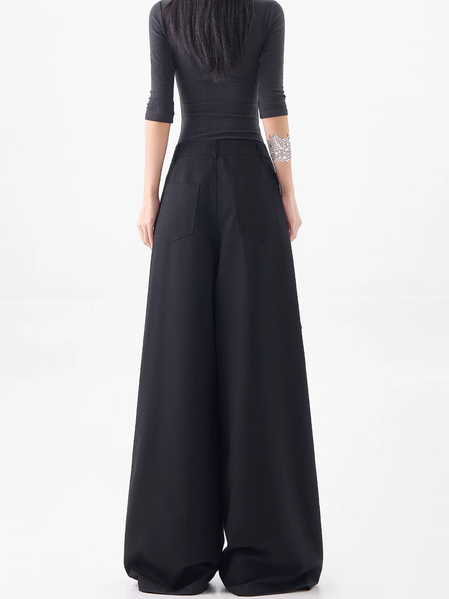 Quần tây ống rộng thiết kế chắp vá màu đen của KEN STUDIO dành cho nữ, quần dài ống đứng dáng rộng, dáng suông, dài đến sàn