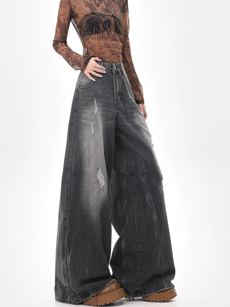 KEN STUDIO đầu mùa thu quần jean rách màu đen mới được giặt sạch dành cho nữ quần ống rộng phong cách retro kiểu Mỹ