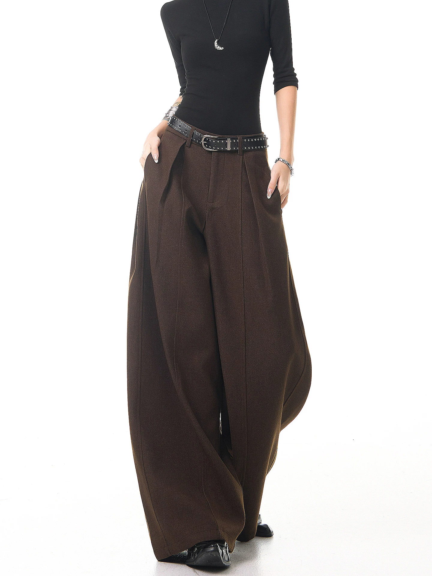 KEN STUDIO quần âu dày màu cà phê cổ điển mới mùa thu đông dành cho nữ, quần cạp cao, tôn dáng, quần ống rộng dài chạm sàn