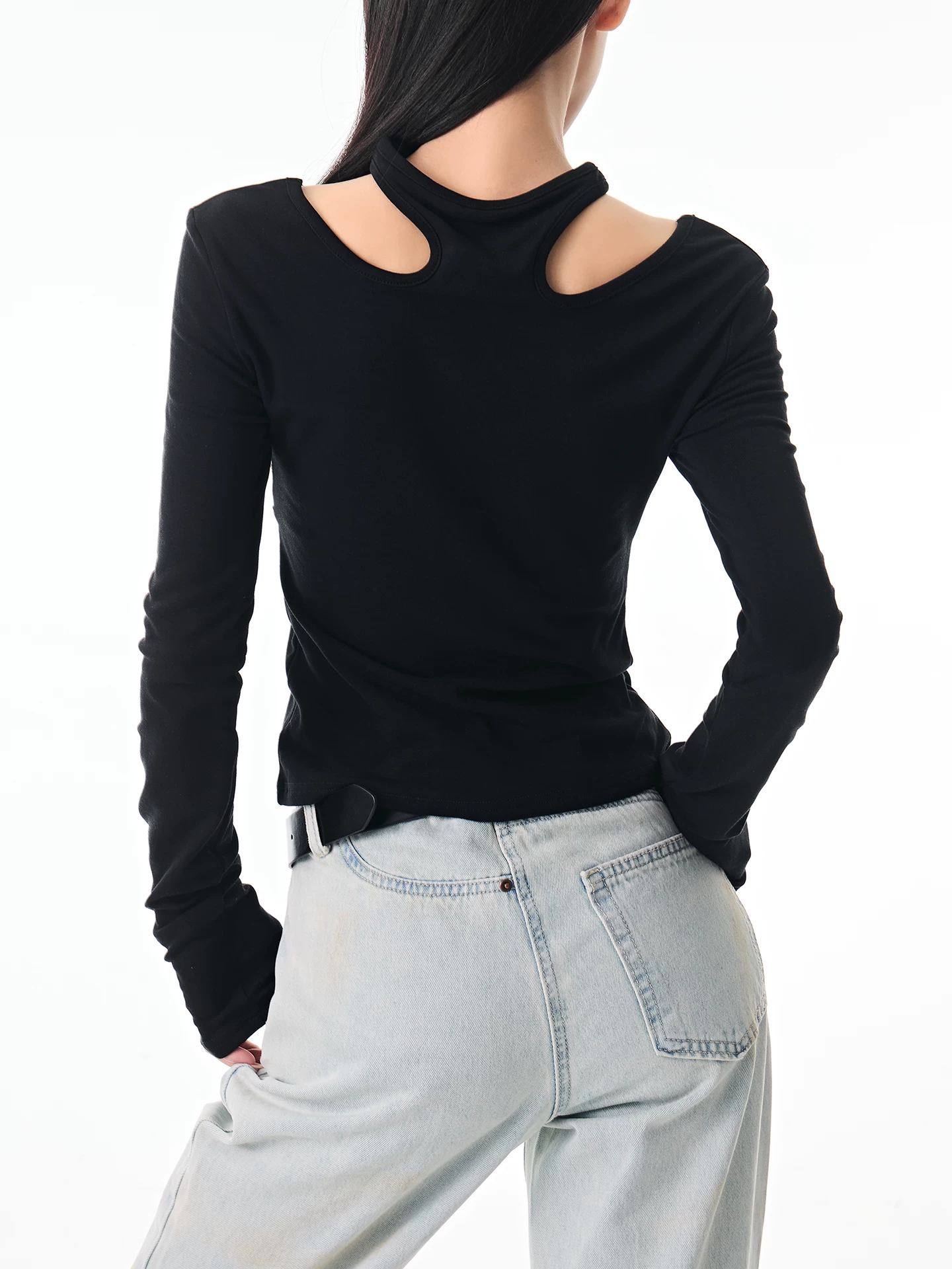 KEN STUDIO Thu Đông Mới Hot Girl Phong Cách Đen Dây Cổ Áo Dài Tay Nữ Slim Fit Đế Áo Sơ Mi Hàng Đầu