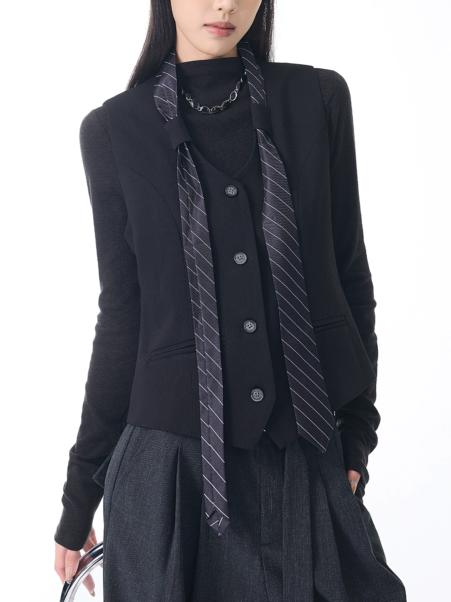 KEN STUDIO Xuân Thu Mới Màu Đen Không Tay Phù Hợp Với Áo Vest Nữ Cổ Chữ V Sọc Thắt Nơ Slim Fit Áo Vest Áo Khoác