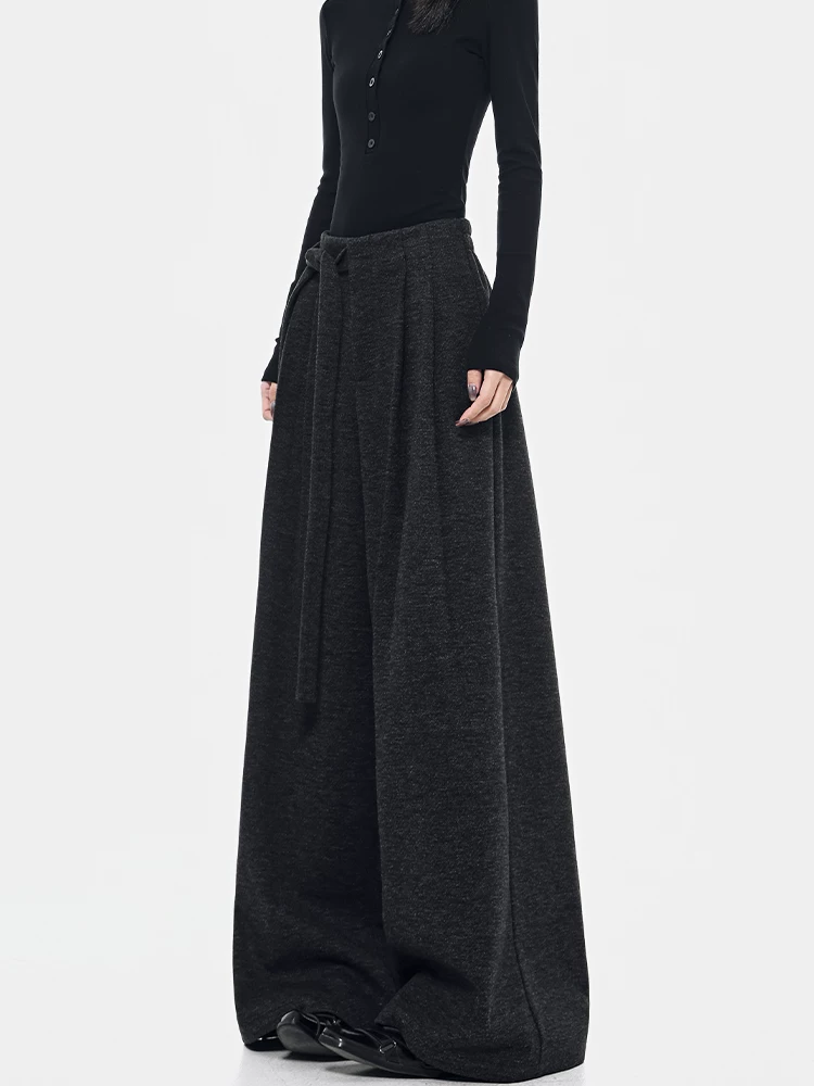 KEN STUDIO quần dài dáng rộng màu xám mùa thu đông mới dành cho nữ với thiết kế lưng cao và quần ống rộng có dây buộc