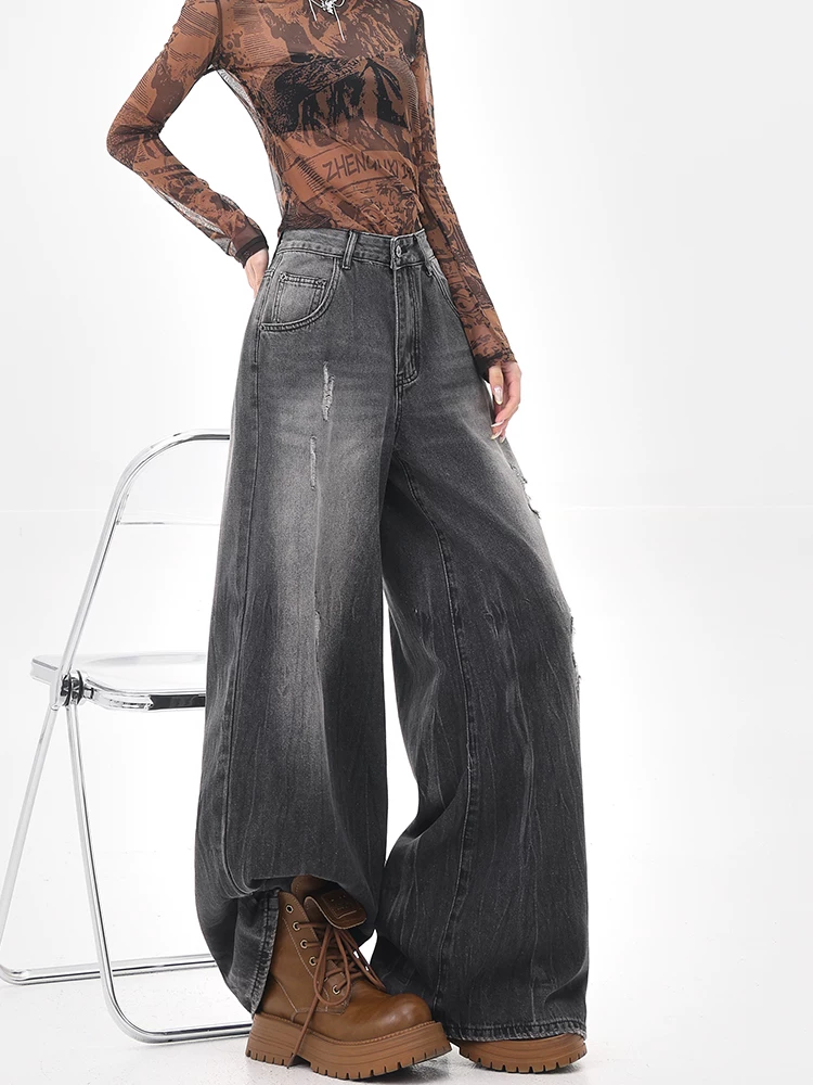 KEN STUDIO đầu mùa thu quần jean rách màu đen mới được giặt sạch dành cho nữ quần ống rộng phong cách retro kiểu Mỹ