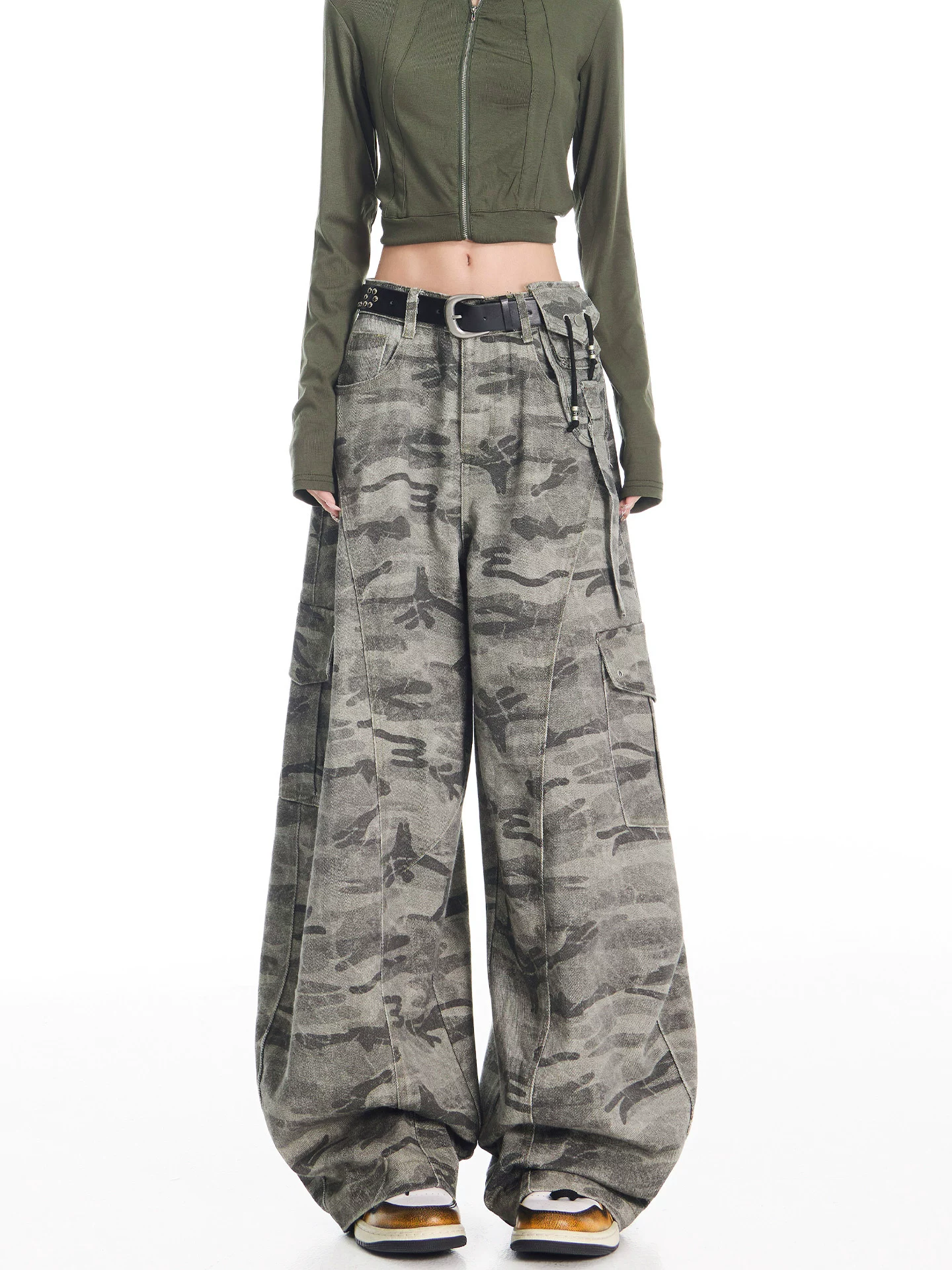 KEN STUDIO Xuân Thu Mới Vintage Ngụy Trang Quần Áo Bảo Hộ Lao Động Quần Jean Nữ Cao Cấp Rời Quần Scimitar Quần Âu