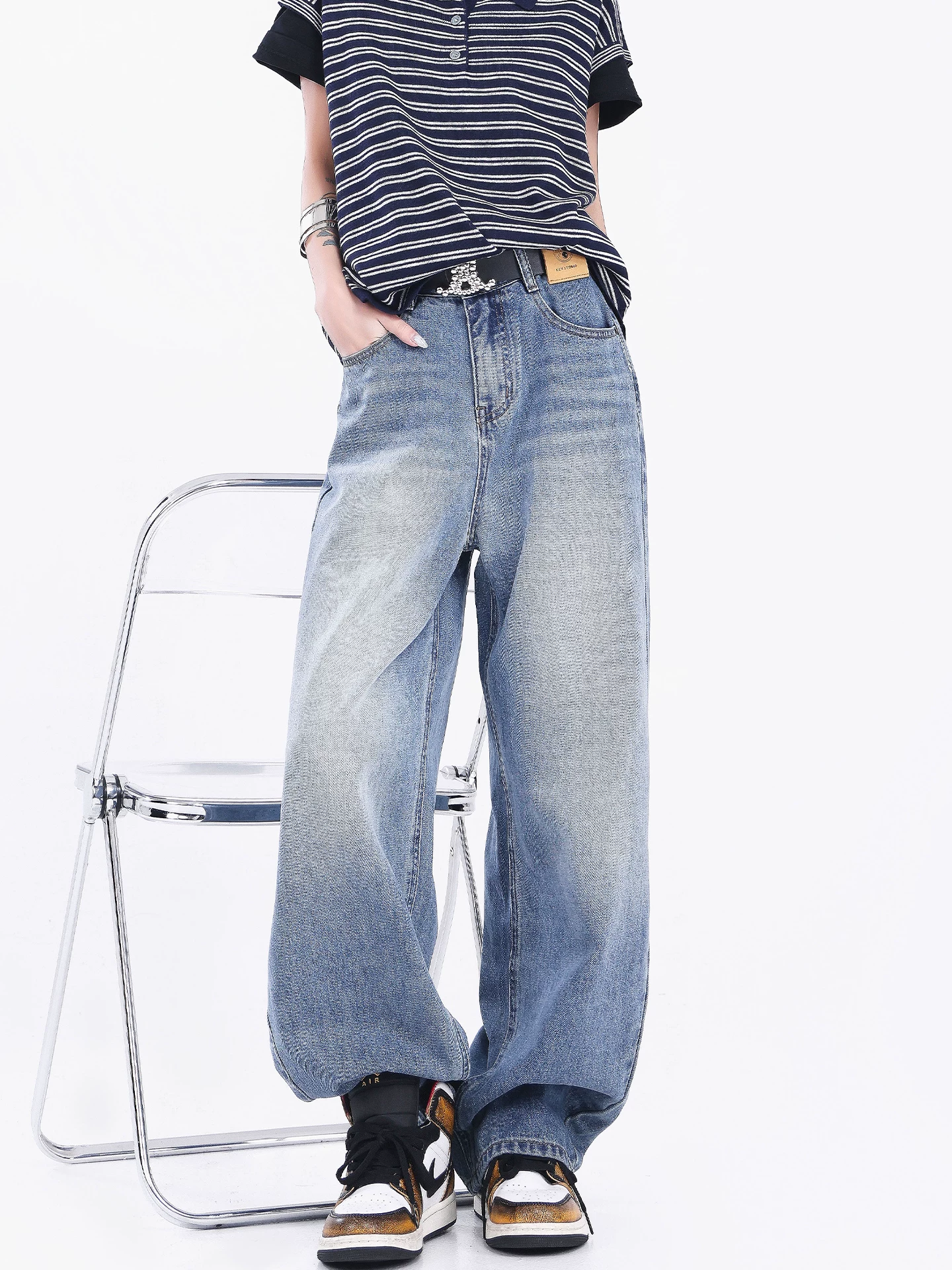 KEN STUDIO Quần jean ống đứng màu xanh cổ điển kiểu Mỹ dành cho nữ, quần ống rộng lưng cao mùa hè mới