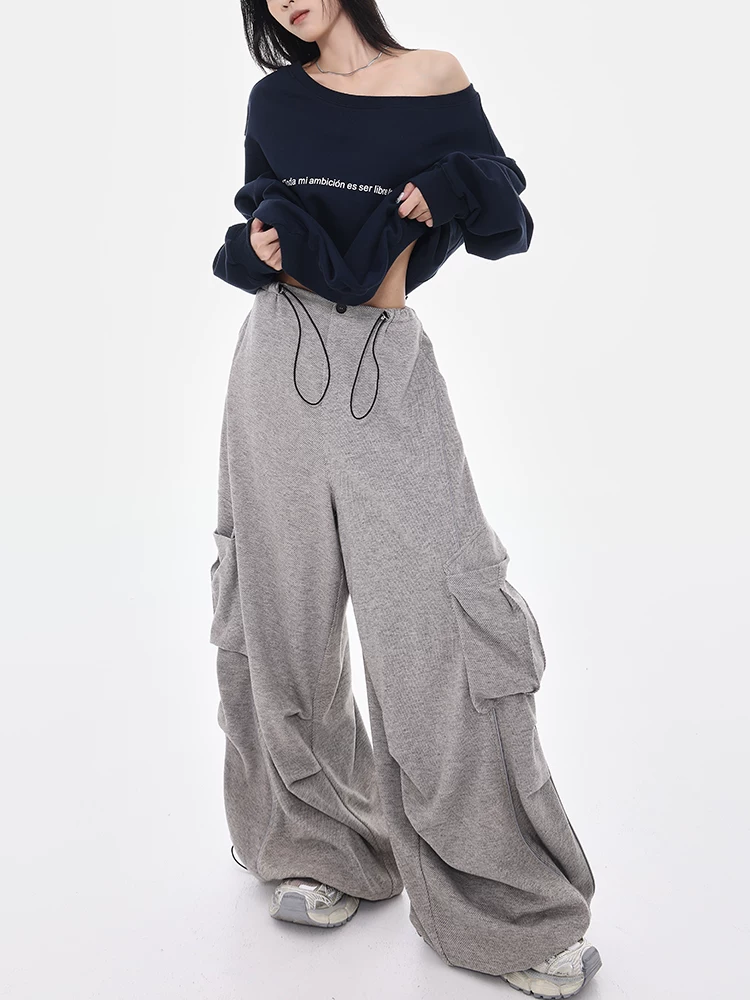 KEN STUDIO mùa thu đông mới phong cách đường phố cao cấp của Mỹ quần thể thao xếp ly có dây rút thiết kế quần áo bảo hộ lao động quần rộng rãi thường ngày