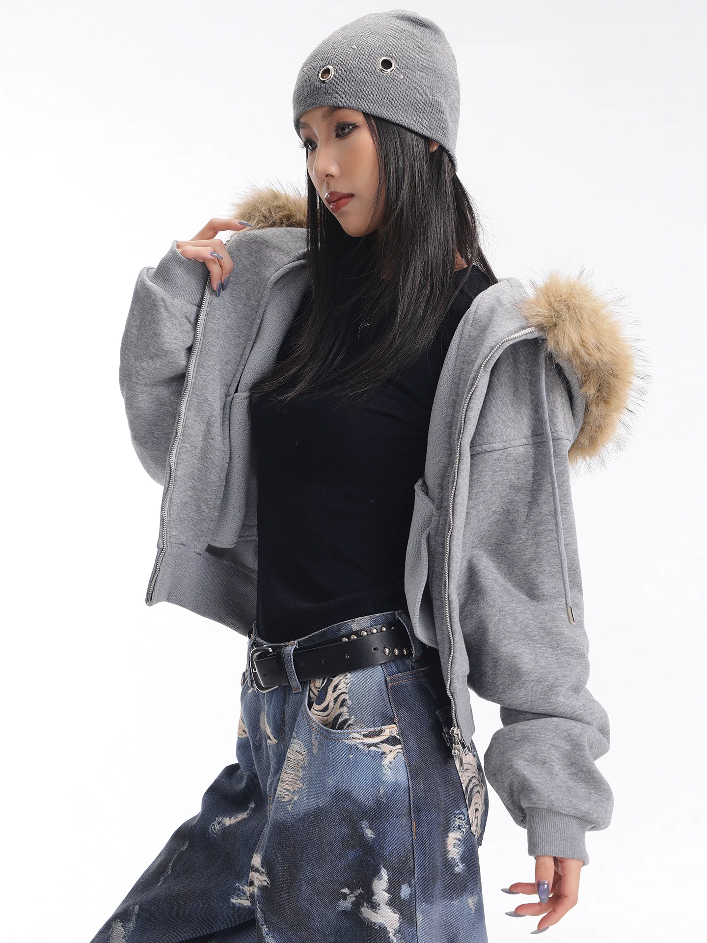 KEN STUDIO Áo khoác có mũ trùm đầu màu xám có cổ lông mùa thu đông mới dành cho nữ, áo nỉ dài tay dày vừa vặn, áo ngắn
