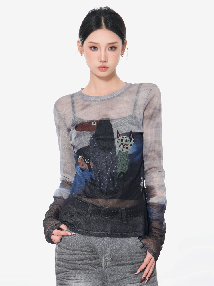 Áo thun dài tay in lưới mới của KEN STUDIO mùa xuân hè, hơi co giãn, hơi xuyên thấu, ôm vừa vặn, áo nữ đa năng