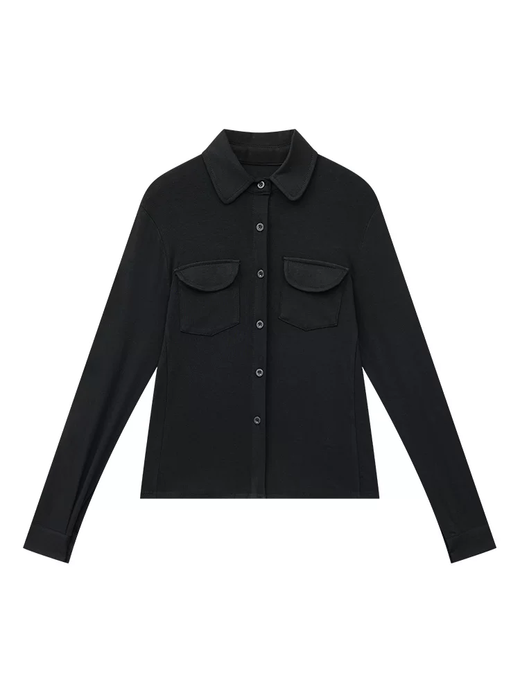 KEN STUDIO Áo sơ mi dài tay màu đen mới mùa xuân thu dành cho nữ, cổ bẻ đơn giản, dáng rộng, giảm béo, áo sơ mi đa năng