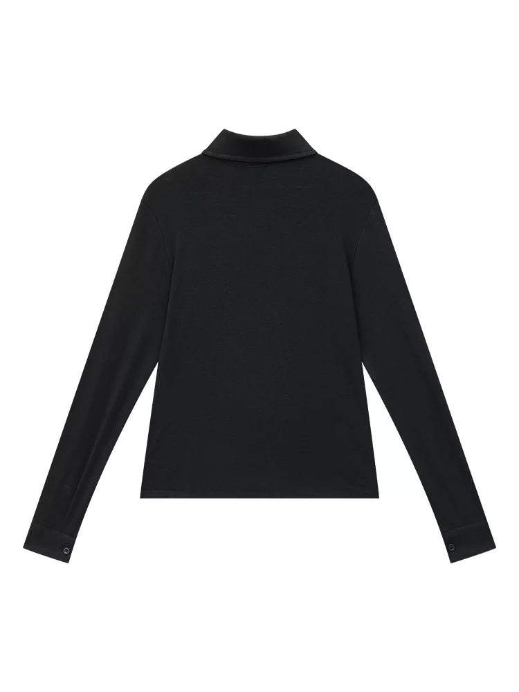 KEN STUDIO Áo sơ mi dài tay màu đen mới mùa xuân thu dành cho nữ, cổ bẻ đơn giản, dáng rộng, giảm béo, áo sơ mi đa năng