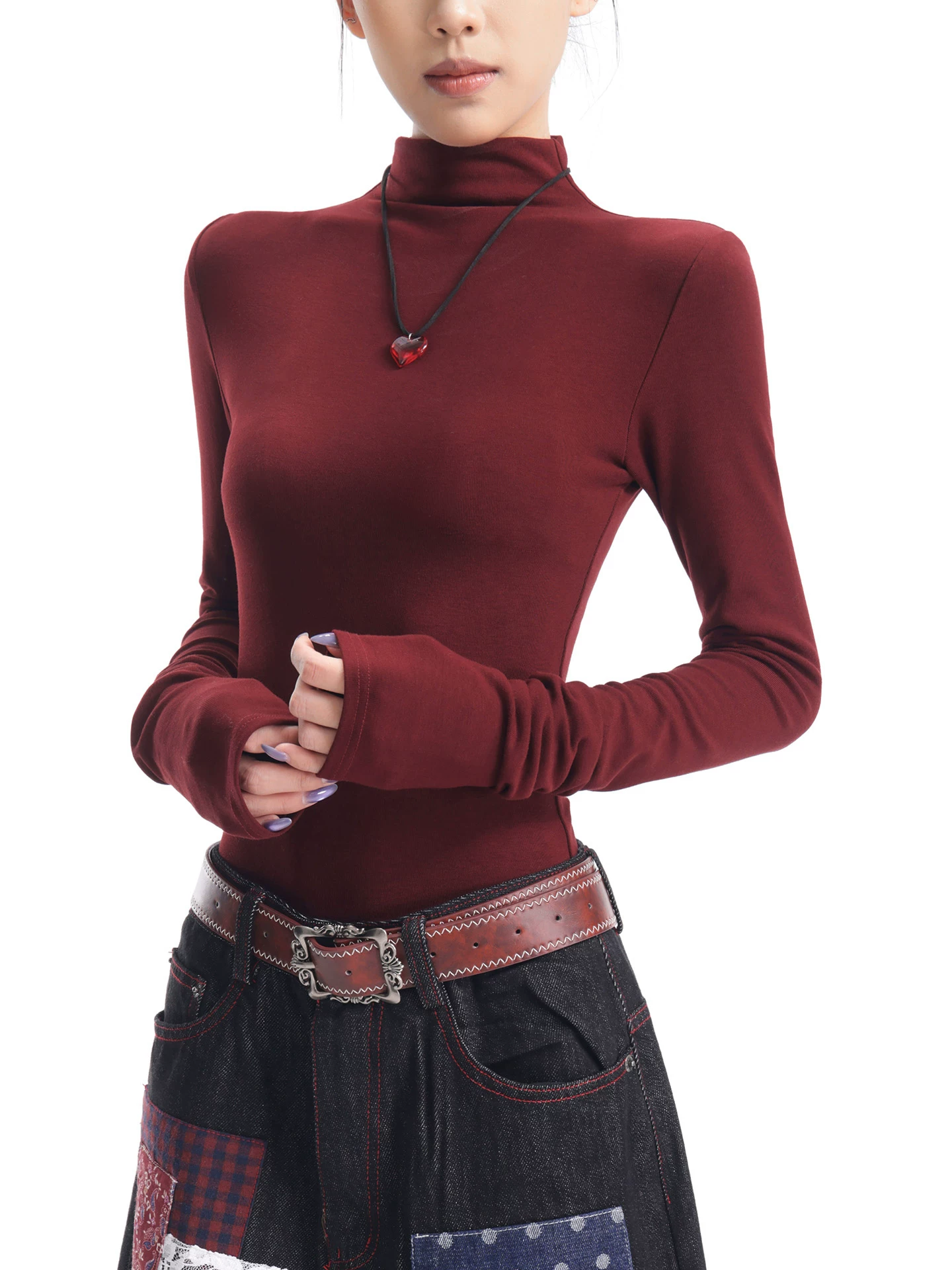 KEN STUDIO Áo thun dài tay dệt kim màu đỏ rượu vang mới thu đông dành cho nữ với cổ lọ nửa cao và kiểu dáng ôm sát bên trong áo sơ mi xếp lớp