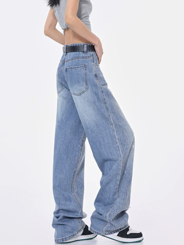 KEN STUDIO thiết kế đá nóng quần jean denim lấp lánh dành cho nữ, quần ống rộng dáng thẳng giảm béo mùa hè mới