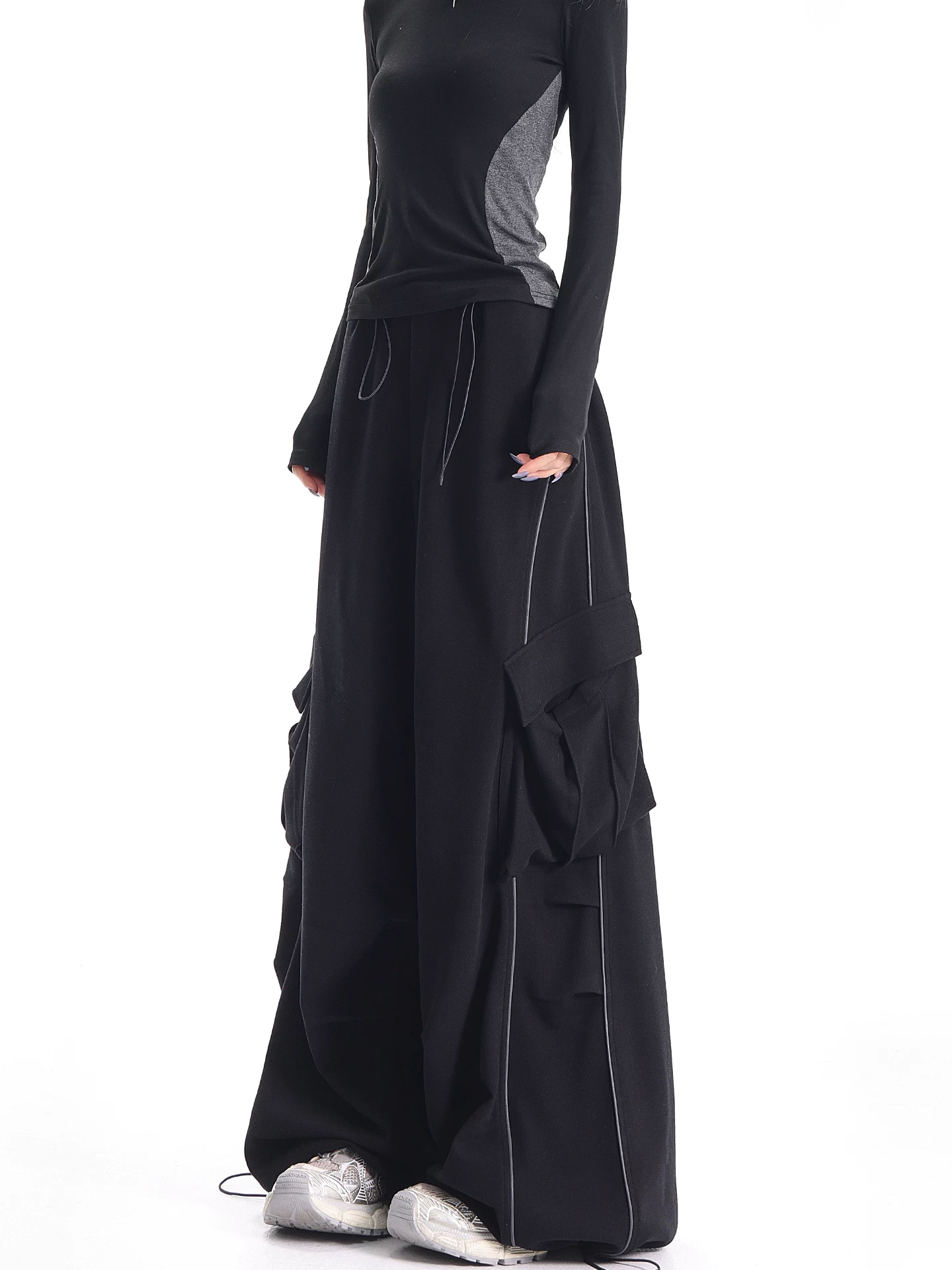 KEN STUDIO mùa thu đông mới quần dài xếp ly phong cách Mỹ quần dài xếp ly kiểu lính dù quần thể thao ống rộng quần ống rộng dành cho nữ