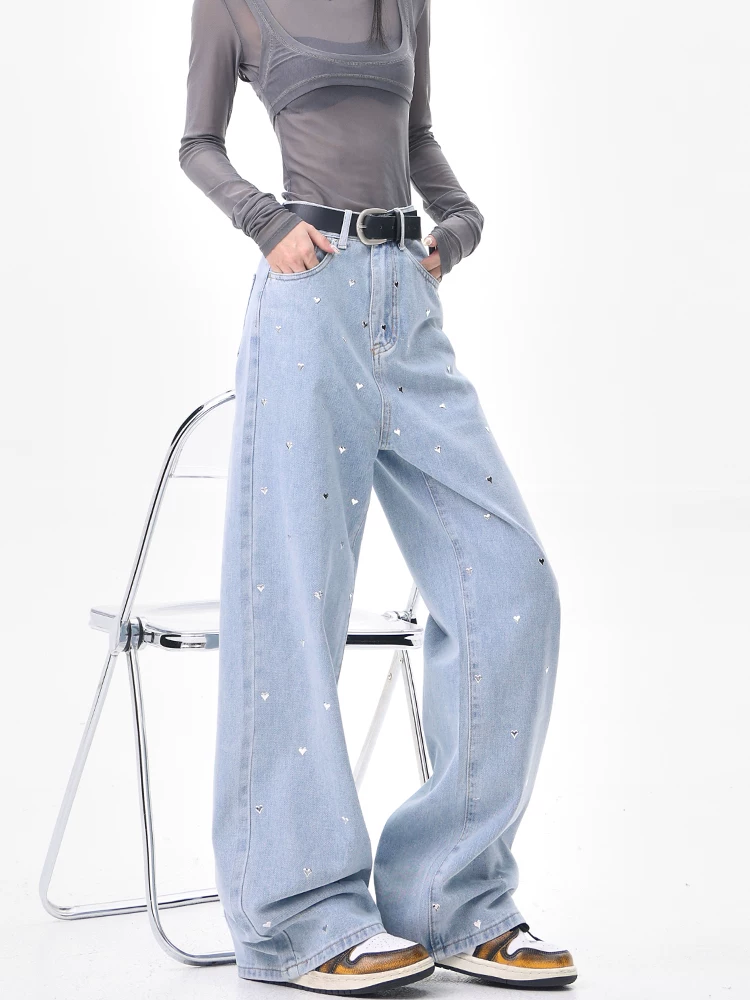KEN STUDIO quần jean ống rộng màu xanh lam cổ điển dành cho nữ mùa hè và mùa thu quần ống rộng dáng rộng thông thường