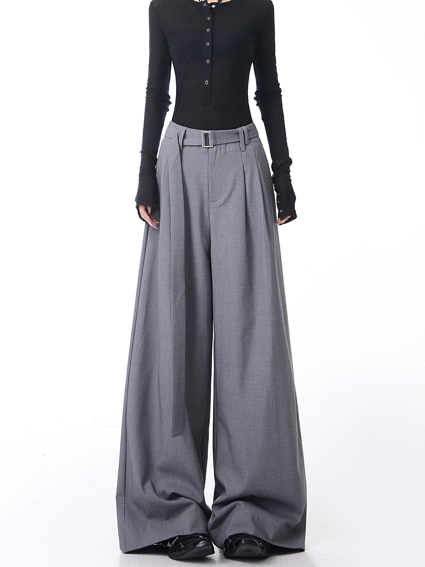 KEN STUDIO Xuân Thu Mới Màu Xám Xếp Ly Quần Tây Nữ Cao Cấp Dáng Rộng Giảm Béo Quần Dài Đến Tầng